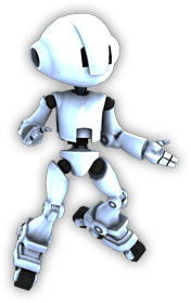 Toy Robot standing to the left of the logo with his hand out